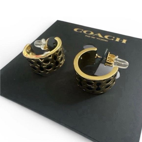 Coach Women's Gold and Black Mini Hoop Earrings - Picture 2 of 3